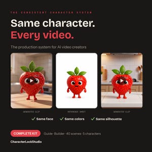 May include: A digital graphic featuring a red strawberry character with green leaves, large eyes, and a smile. The text reads: The Consistent Character System, Same character. Every video., The production system for AI video creators, Generated Clip, Reference Sheet, Same face, Same colors, Same silhouette, Complete Kit, Guide, Builder, 40 scenes, 5 characters, CharacterLockStudio.