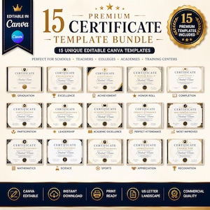 Peut inclure: Un ensemble numérique de 15 modèles de certificats premium avec un schéma de couleurs bleu marine et or. La collection comprend divers designs pour la remise de diplômes, l'excellence et la réussite, modifiables dans Canva en format paysage.