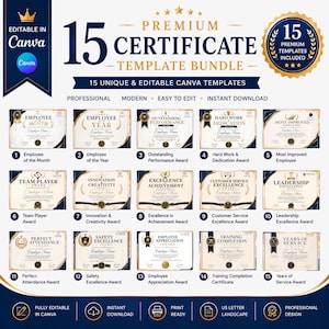 Puede incluir: Un paquete digital de 15 plantillas de certificados editables en orientación horizontal. Cada plantilla presenta un fondo blanco con bordes decorativos en azul marino y dorado, incluyendo títulos como Employee of the Month y Leadership Excellence.