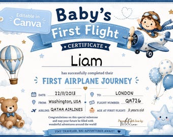 Urkunde für Babys ersten Flug | Bearbeitbare Canva-Vorlage zur Erinnerung an die Flugzeugreise (Digitaler Download)