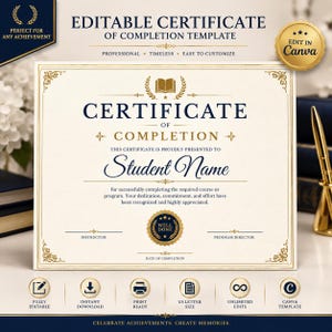 May include: An editable certificate of completion template featuring a cream background with navy blue and gold text. The design includes a central book icon, decorative corner flourishes, a gold seal labeled Well Done, and placeholders for names.