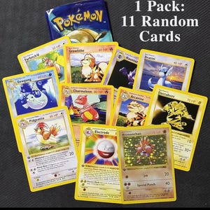 May include: A blue Pokémon booster pack labeled 1 Pack: 11 Random Cards, surrounded by eleven individual trading cards featuring characters like Farfetch'd, Growlithe, Dewgong, Charmeleon, Haunter, Dratini, Arcanine, Electabuzz, Pidgeotto, Electrode, and Hitmonchan.