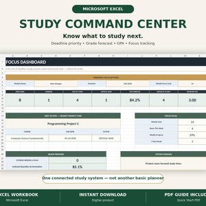 Excel Study Planner Spreadsheet, Deadline Tracker, Grade Forecast, GPA and Focus System