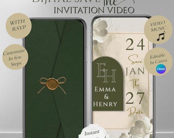 Elegant Animated Save the Date Video, Envelope Reveal Wedding Invitation, Editable Canva Invite Template, Digital Save the Date,sage Green,