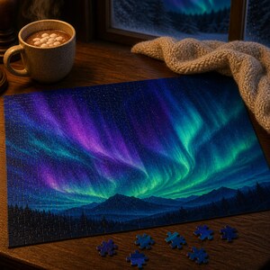 May include: A rectangular jigsaw puzzle featuring a vibrant night sky with purple and green aurora borealis over a dark mountain range and forest. Several loose puzzle pieces lie nearby on a wooden surface next to a ceramic mug.