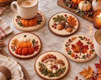 Posavasos de fieltro otoñales, tapetes para bebidas con diseño de calabaza, seta, bellota y hoja de arce, decoración acogedora para la mesa de Acción de Gracias, accesorios rústicos para tazas de café estilo granja.