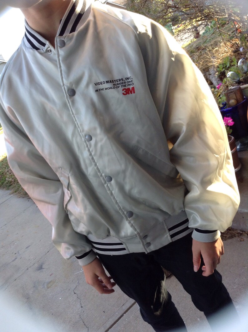 Vintage 80s hipster Play-Jac by Dunbrooke gray satin baseball jacket size xl with a 3M emblem free domestic shipping