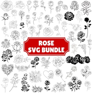 Puede incluir: Una colección digital de ilustraciones de rosas en blanco y negro con varios dibujos de líneas, siluetas y arreglos florales detallados. Una etiqueta rectangular roja central muestra el texto blanco ROSE SVG BUNDLE.