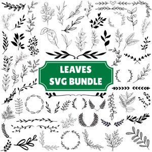 Puede incluir: Una colección de ilustraciones botánicas en blanco y negro con varios diseños de hojas, ramas, coronas y divisores decorativos. Una etiqueta rectangular verde central muestra el texto LEAVES SVG BUNDLE.
