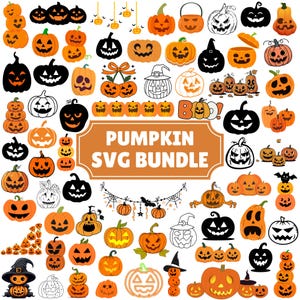 Könnte beinhalten: Eine digitale Sammlung von Halloween-Kürbis-Illustrationen mit verschiedenen Kürbislaternen in Orange, Schwarz und weißen Umrissen. Die zentrale orangefarbene Grafik zeigt den Text PUMPKIN SVG BUNDLE in fetten weißen Großbuchstaben.