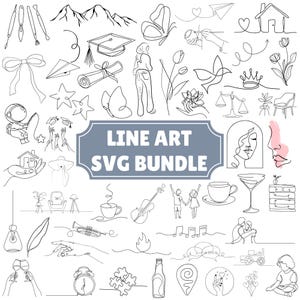 May include: A collection of black line art illustrations featuring various subjects including mountains, butterflies, flowers, musical instruments, household items, and people. The center contains a gray rectangular label with the text LINE ART SVG BUNDLE.