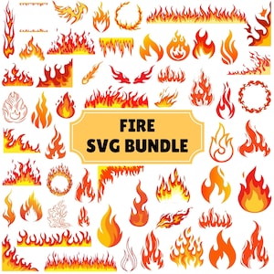 May include: A digital collection of various fire and flame illustrations in shades of red, orange, and yellow, featuring a central rectangular label with the text FIRE SVG BUNDLE, showcasing diverse flame shapes, borders, and circular designs.