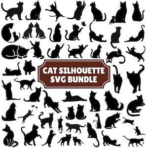 Pode incluir: Uma coleção de silhuetas de gatos pretos em várias poses, incluindo sentados, alongando-se e brincando. Uma etiqueta retangular marrom central com cantos arredondados apresenta o texto branco CAT SILHOUETTE SVG BUNDLE, exibindo inúmeras formas felinas.