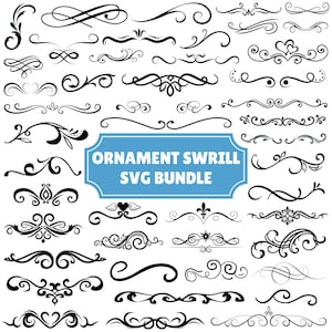 May include: A collection of black decorative flourishes, swirls, and scrollwork elements arranged in a grid. A central blue rectangular label with rounded corners features the white text ORNAMENT SWRILL SVG BUNDLE in capital letters.
