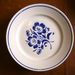 Badonviller Dinnerware Set, Antique French Ironstone Plates 15pc, Blue Floral Pattern, Interwar 1920-1935