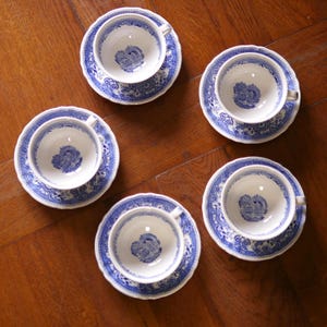 Kopp och fat, set om 5, Villeroy Boch Burgenland Blå, slottstransferglas, tyskt lergods