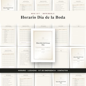 May include: A printable wedding day planner kit featuring multiple pages with tables and checklists. The central cover page displays the text Mini Kit del Gran Día, El gran día en sí, en un puñado de páginas, with sections for schedules, vendor arrivals, emergency kits, and contacts.
