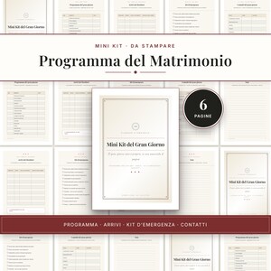 May include: A printable wedding planner kit featuring six pages with a cream background and dark text. The pages include sections for a daily schedule, guest arrivals, an emergency kit checklist, contact lists, and notes for the big day.
