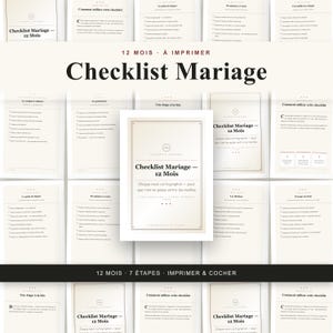 May include: A printable wedding checklist document titled Checklist Mariage - 12 Mois, featuring a grid of multiple pages with organized tasks, checkboxes, and headings in French, presented on a light background with dark text and a central cover page.