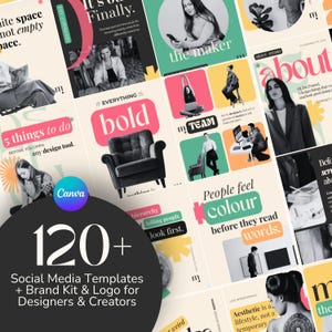 Può includere: Una raccolta di oltre 120 modelli per social media con vari layout grafici, tipografie e fotografie. I design includono testo in grassetto, accenti colorati e immagini di persone, mobili e spazi di lavoro creativi per designer e creatori.