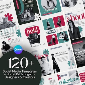 Può includere: Una raccolta di modelli per social media per designer e creatori, con una sovrapposizione circolare scura con il testo 120+ Social Media Templates + Brand Kit & Logo for Designers & Creators, insieme a vari layout grafici con testo.