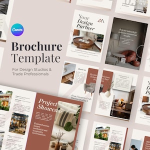 Può includere: Un modello di brochure digitale per studi di design e professionisti del settore con una palette di colori neutri e accenti color terracotta. Il layout include diverse pagine con fotografie di interni, progetti e blocchi di testo.