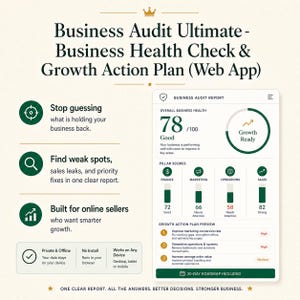 May include: A digital business audit tool titled Business Audit Ultimate - Business Health Check & Growth Action Plan. The interface displays an overall health score of 78, pillar scores for finance, marketing, operations, and sales, and a growth action plan.