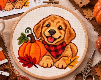 Kruissteekpatroon van een Golden Retriever, herfstpompoen en herfstbladeren, schattige hond (PDF), gezellige herfstdecoratie, direct digitaal te downloaden patroon!!!