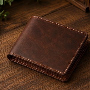 Op de afbeelding: Een donkerbruine bi-fold portemonnee met een gladde, matte afwerking en zichtbare lichtbruine stiksels langs de randen. De portemonnee is rechthoekig van vorm met afgeronde hoeken en een consistente, uniforme textuur over het vooroppervlak.