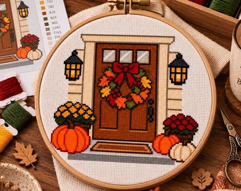 Herfstdecoratie voor de voordeur (kruissteek), herfstkrans en pompoenen, gezellige veranda decoratie (PDF), huisdecoratie voor Thanksgiving, direct digitaal te downloaden!