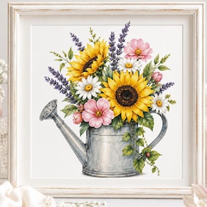 May include: A framed square print featuring a silver metal watering can filled with a vibrant floral arrangement of yellow sunflowers, white daisies, pink cosmos flowers, and purple lavender sprigs with green leaves, all set against a white background.