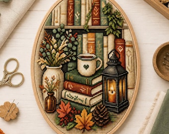 Cozy Library Cross Stitch Pattern, Autumn Books Lantern PDF, Reading Nook Embroidery, Fall Home Decor, Digital Download Cross Stitch Pattern