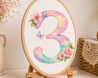 Bloemenpatroon voor het cijfer 3 (kruissteek) PDF digitale download, pastelkleurig monogram alfabet borduurpatroon, verjaardagscadeau voor de kinderkamer, kunstwerk voor de kinderkamer