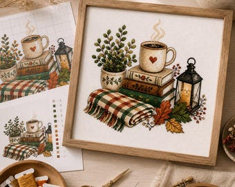 Cozy Coffee Cross Stitch Pattern PDF, Autumn Books and Lantern, Cottage Decor, Embroidery Chart, Digital Download DIY Gift for Rustic Home!!