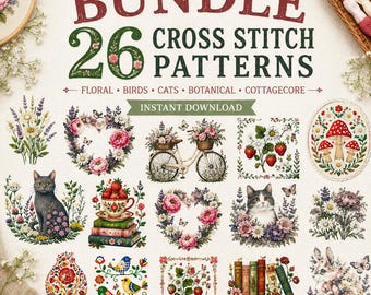 26 Cross Stitch Patterns Bundle PDF Digital Download Floral Cats Birds Cottagecore Embroidery Charts DIY Gift Instant Download for Beginners
