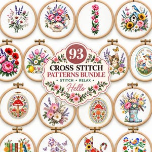 Könnte beinhalten: Eine Sammlung von 93 Kreuzstichmustern in runden Holzstickrahmen, die bunte Blumenarrangements, Katzen, Vögel, Pilze und Gartenmotive zeigen. Ein zentrales Etikett trägt die Aufschrift 93 CROSS STITCH PATTERNS BUNDLE.