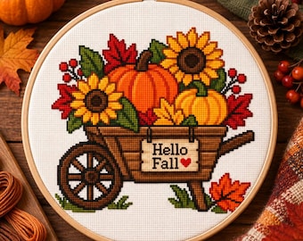 Hallo herfst kruissteekpatroon, herfstkruiwagen met pompoen en zonnebloemen, oogstdecoratie PDF, direct digitaal te downloaden seizoensontwerp