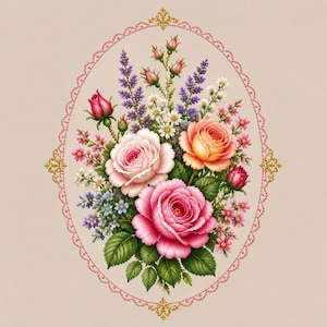 May include: A floral arrangement featuring pink and peach roses, purple lavender, white daisies, and small blue flowers, all enclosed within an oval frame decorated with a pink beaded border and gold accents on a solid light beige background.