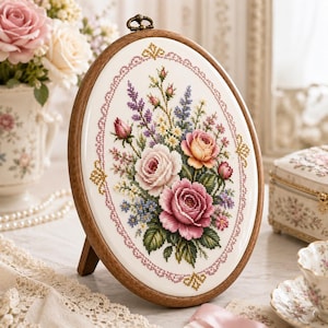 May include: An oval embroidery piece in a dark wood frame featuring a detailed cross-stitch bouquet of pink, peach, and blue flowers with green leaves. The design is enclosed in a decorative pink and gold stitched border on a white fabric background.