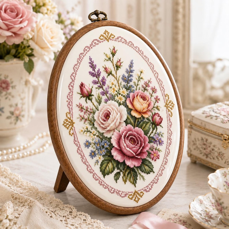 May include: An oval embroidery piece in a dark wood frame featuring a detailed cross-stitch bouquet of pink, peach, and blue flowers with green leaves. The design is enclosed in a decorative pink and gold stitched border on a white fabric background.