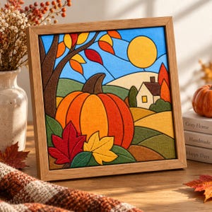 May include: A square framed fabric wall art piece featuring a stained-glass style autumn landscape. The scene depicts a large orange pumpkin, red and yellow maple leaves, a brown tree, a small white house, and a yellow sun against a blue sky.