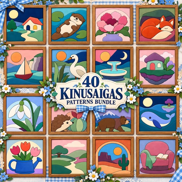 40 Kinusaiga-mönsterpaket, tygkonstmallar utan sömnad, PDF digital nedladdning, djur blommor landskap, skumskivapyssel, nybörjarguide