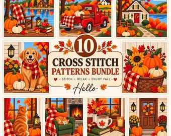 10 Bundle Autumn Cross Stitch Pattern,Cozy Fall Cats Dogs Pumpkins PDF, Seasonal Home Decor Digital Download, Easy Rustic Needlework Pattern