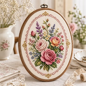 May include: An oval wooden embroidery hoop containing a cross-stitch design of a floral bouquet featuring pink, yellow, and purple roses, buds, and small blue flowers, all enclosed within a decorative geometric border on cream-colored fabric.