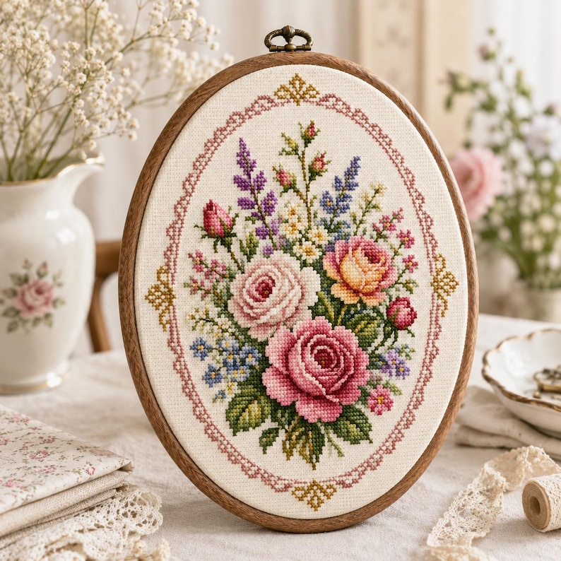 May include: An oval wooden embroidery hoop containing a cross-stitch design of a floral bouquet featuring pink, yellow, and purple roses, buds, and small blue flowers, all enclosed within a decorative geometric border on cream-colored fabric.