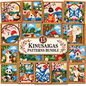 May include: A collection of 15 Kinusaiga patterns featuring colorful fabric art scenes including cats, a dog, a whale, a rabbit, a panda, a duck, and a hedgehog, with a central label reading 15 Kinusaiga Patterns Bundle decorated with pink flowers.