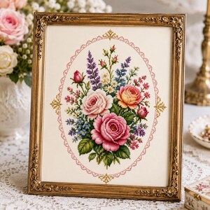 May include: A framed cross-stitch embroidery featuring a vibrant bouquet of pink, peach, and yellow roses surrounded by small blue and purple wildflowers. The floral arrangement is centered within an oval pink decorative border on cream fabric.