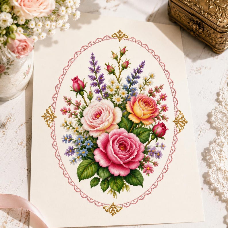 May include: A cross-stitch pattern on white fabric featuring a central bouquet of pink, yellow, and white roses with purple and blue wildflowers. The floral arrangement is enclosed within an oval border of pink stitches with gold accents.