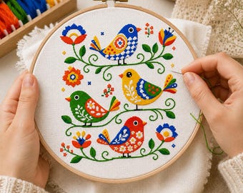 Folk Art Birds Cross Stitch Pattern PDF Digital Download Colorful Floral Bird Embroidery Chart Scandinavian Decor DIY Gift for All Stitchers