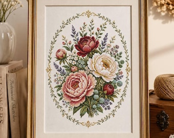 Vintage bloemen kruissteekpatroon, romantisch rozenboeket (PDF), botanisch handwerk, elegante bloemen digitale download, bloemendecoratiepatroon!